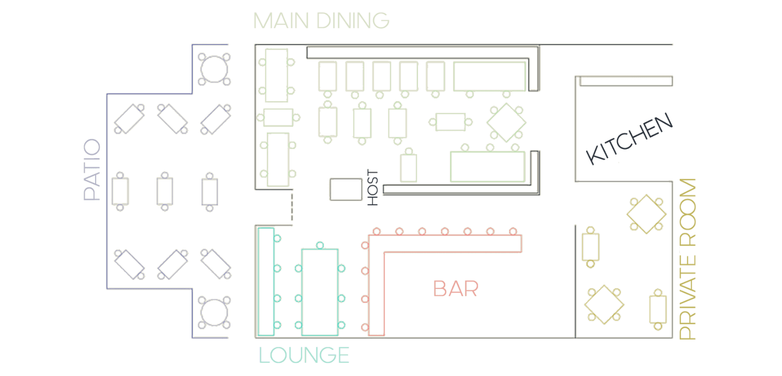 Restaurant floor plan with main dining area, kitchen, lounge, bar, and outdoor seating layout