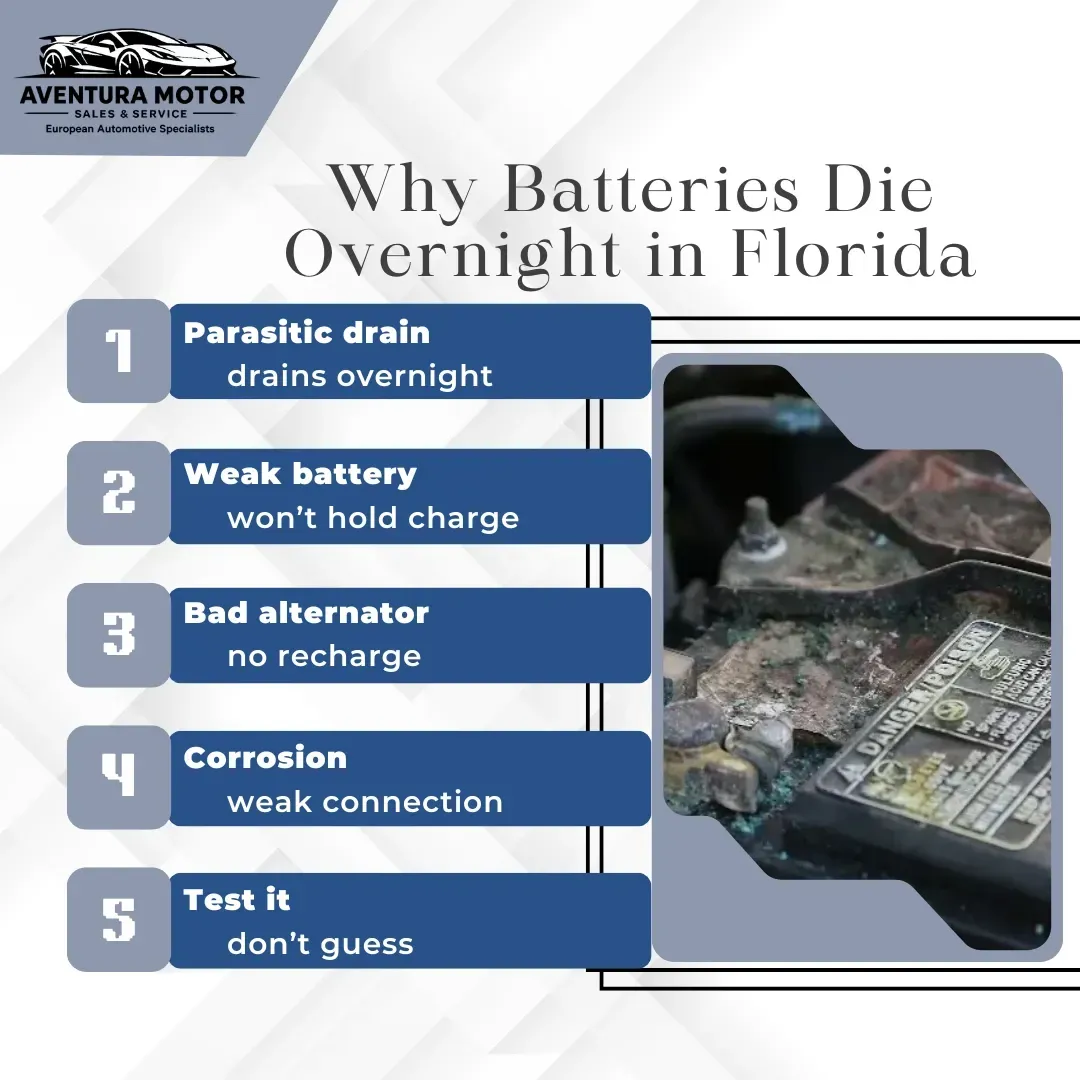 Infographic on why batteries die overnight in Florida, with five causes and a car battery photo.