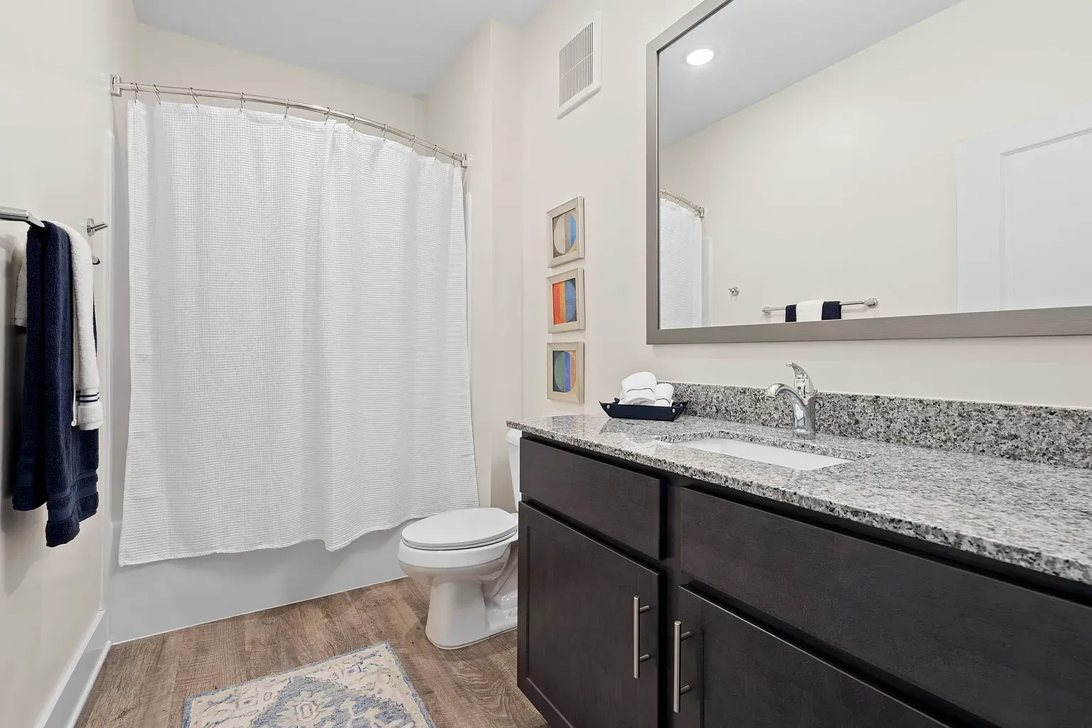 Bathroom with dark wood vanity, granite countertop, large mirror, toilet, and shower curtain.