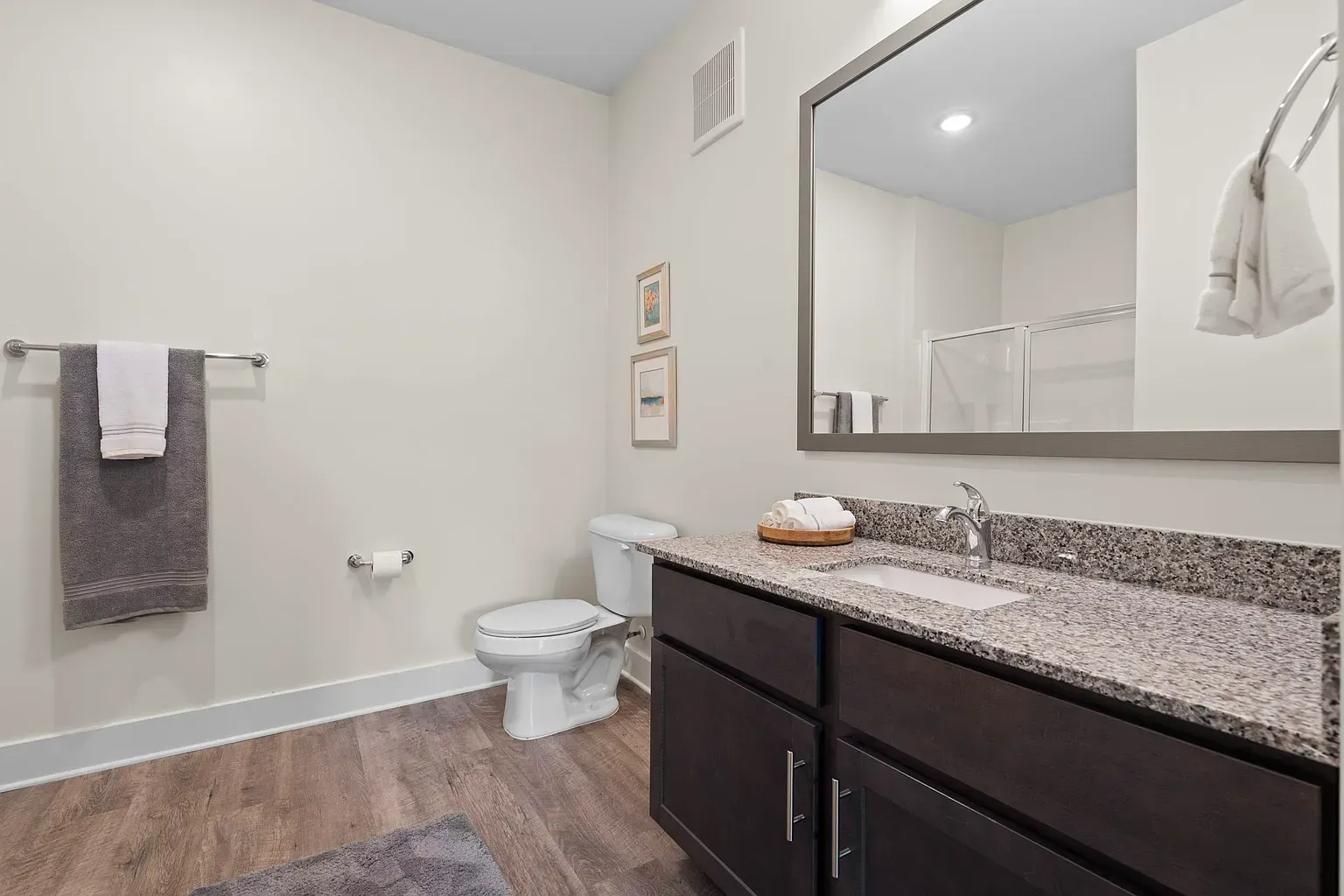 Modern bathroom with granite countertop, dark wood vanity, and towel bar.