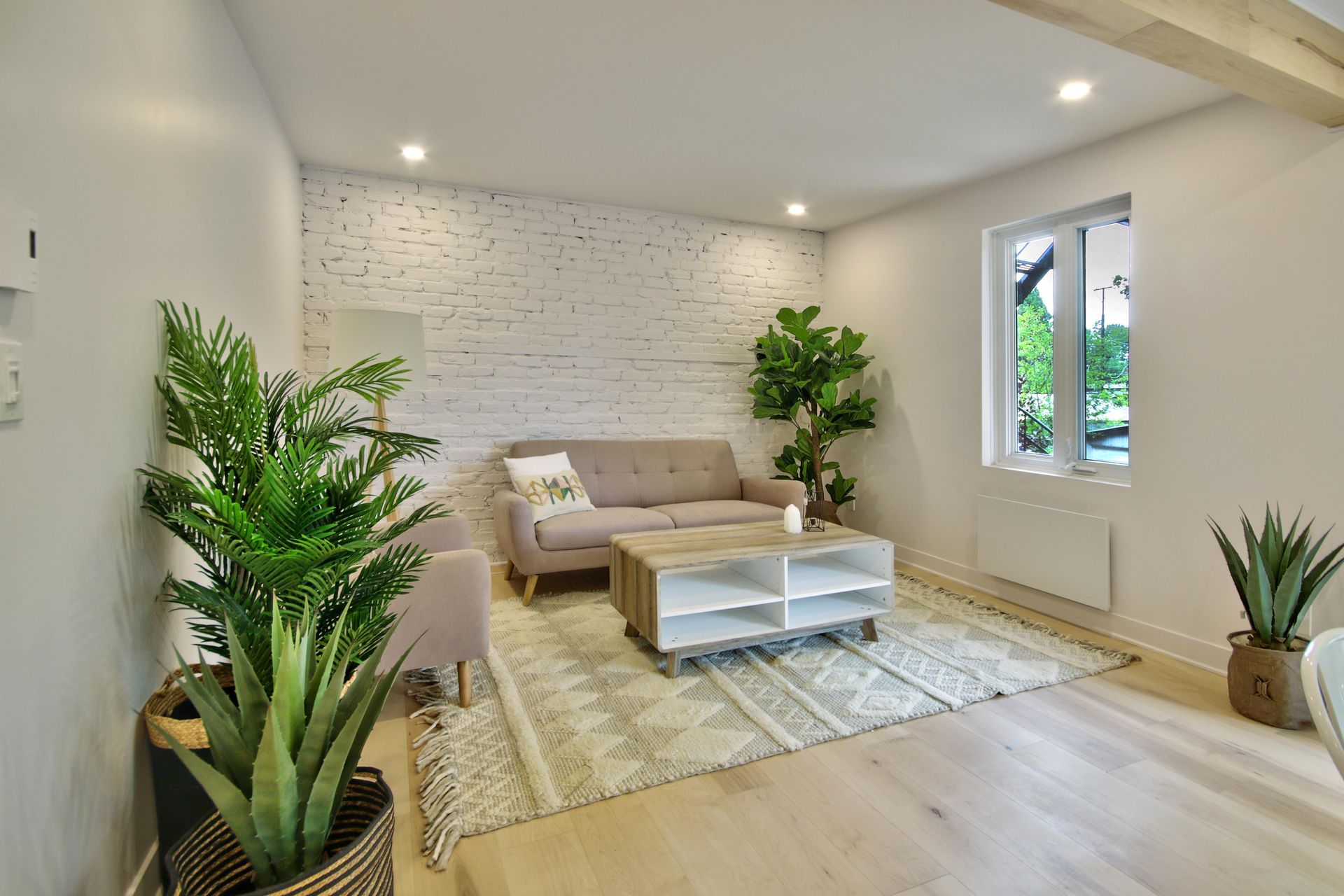 A living room with a couch , coffee table , chairs and plants.