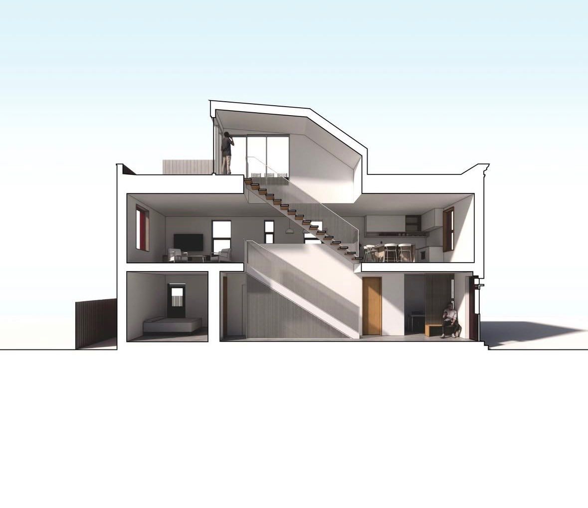 A 3d model of a house cut in half with stairs leading up to the second floor.