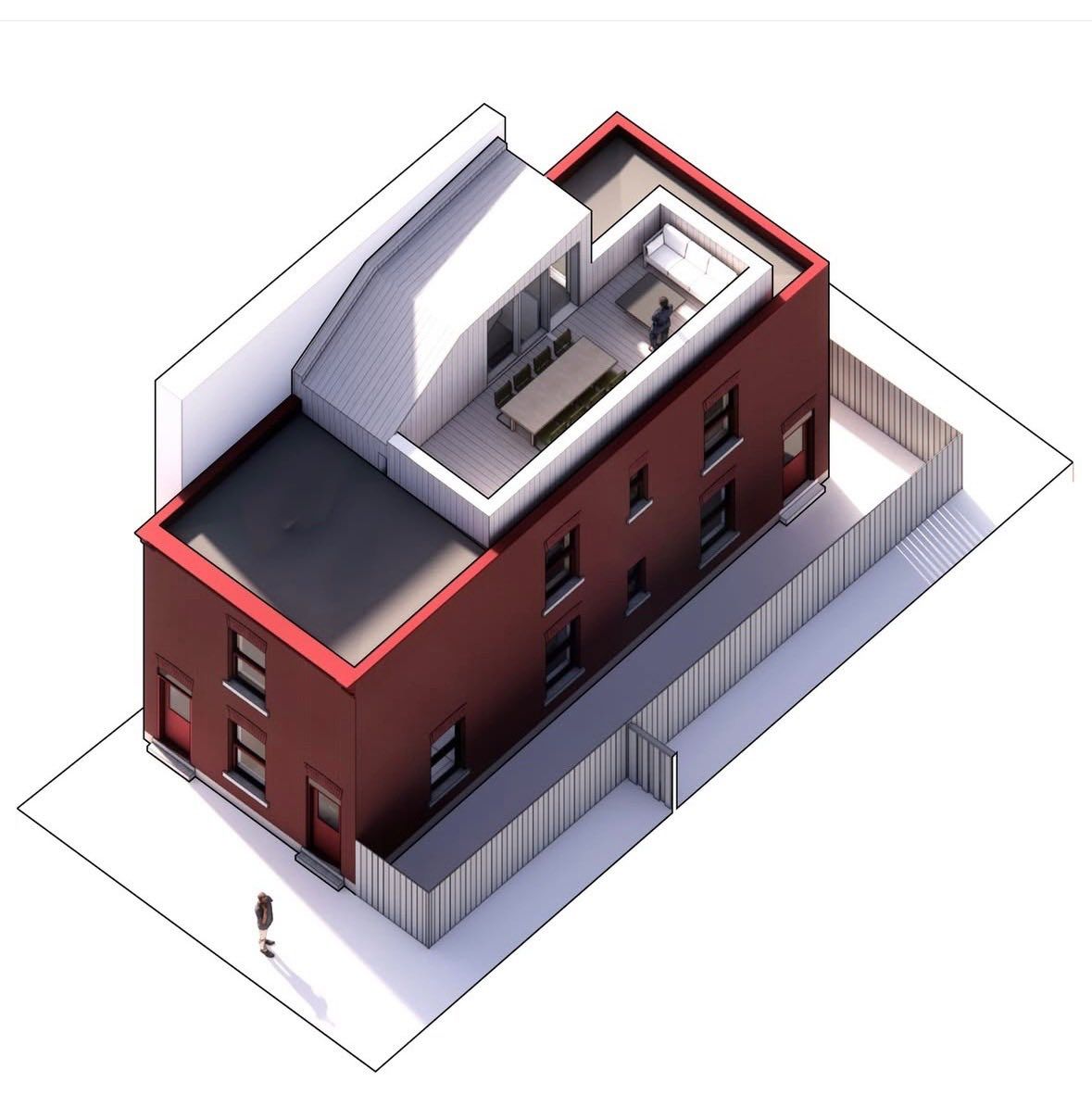 An isometric view of a building with a fence around it