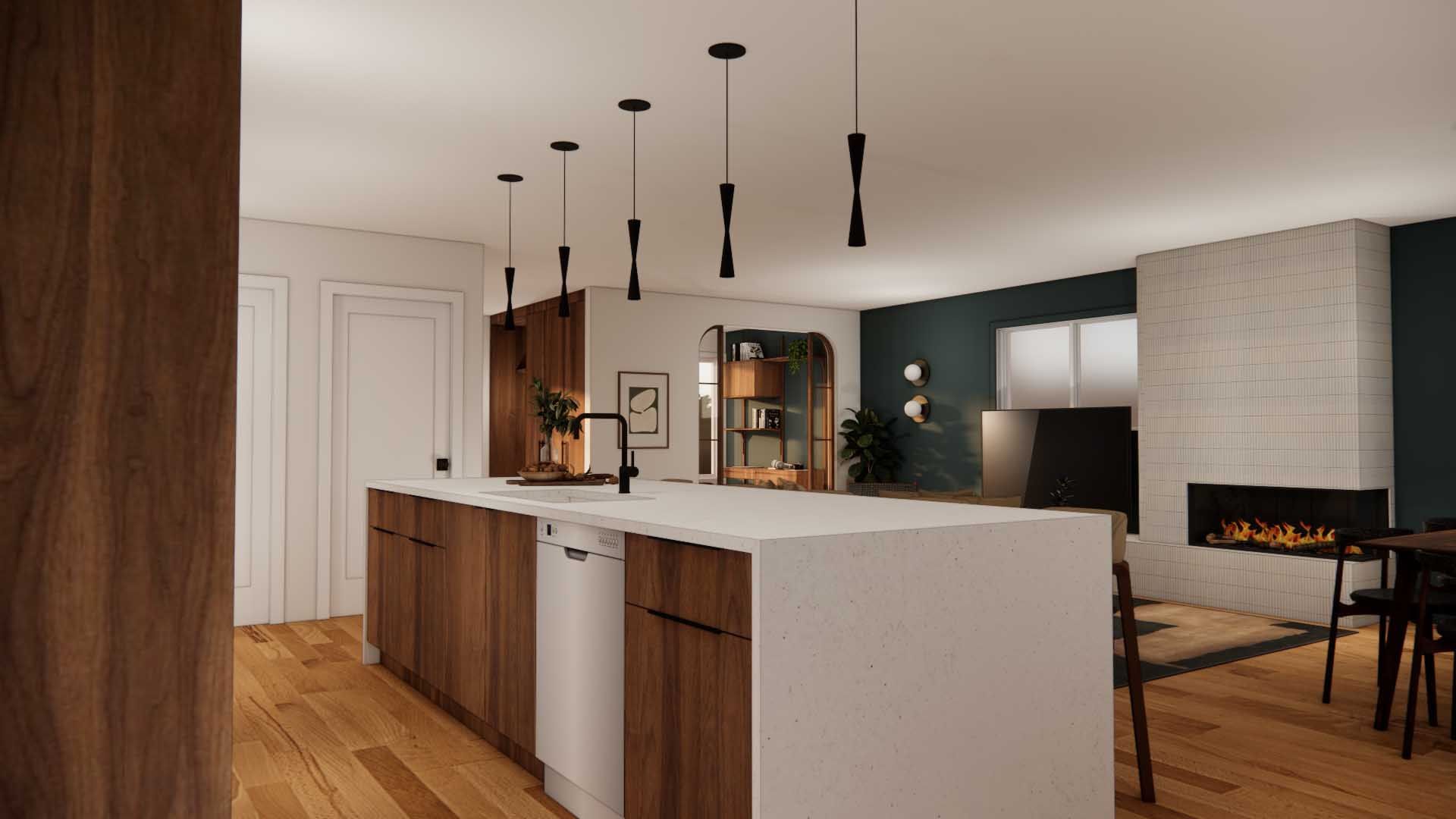 A kitchen with a large island in the middle of the room.