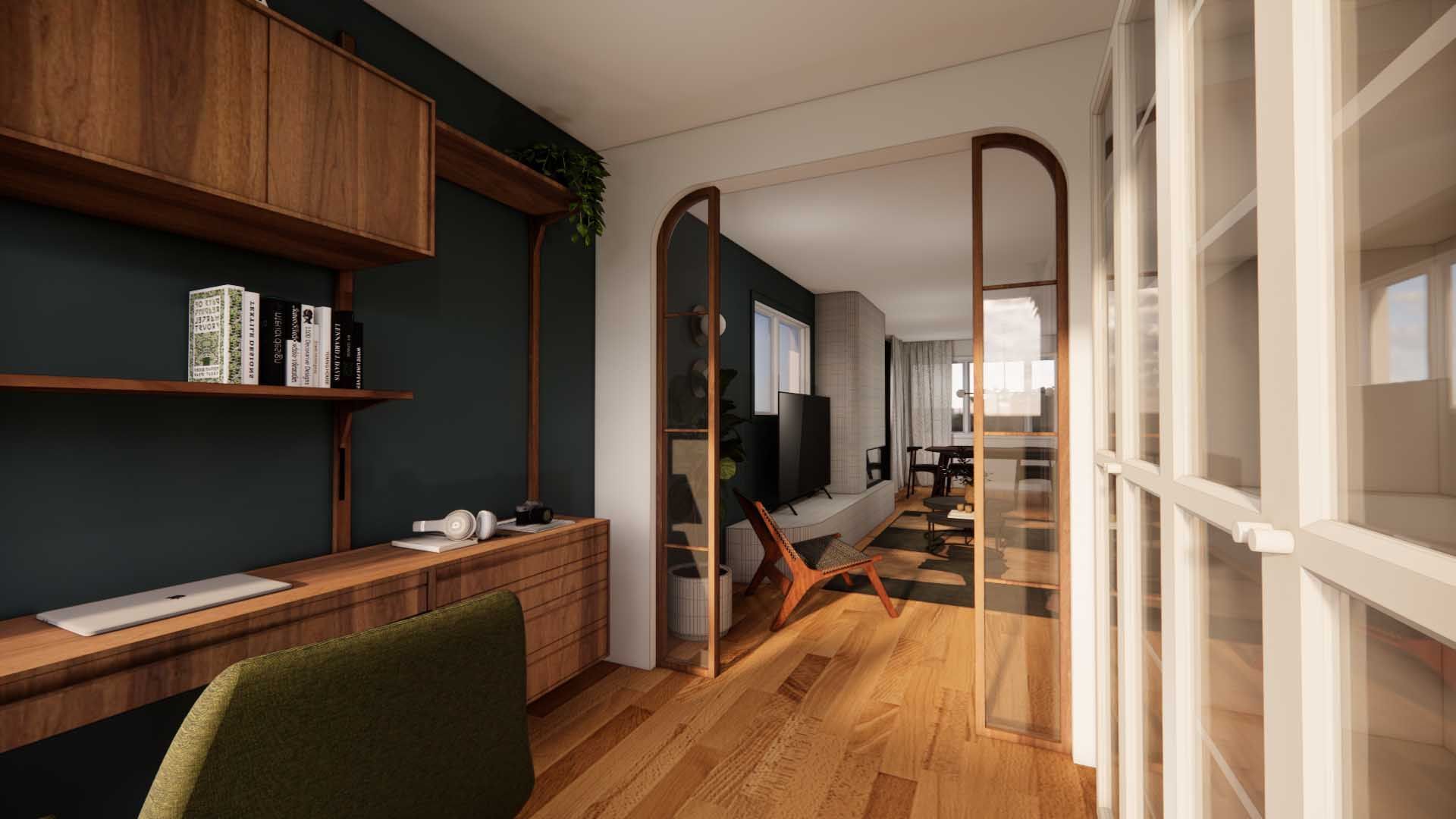 A 3d rendering of a living room with a desk and chair.