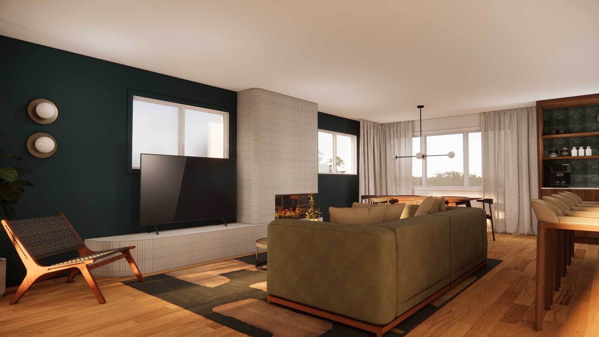 A living room with a couch , chair , television and fireplace.
