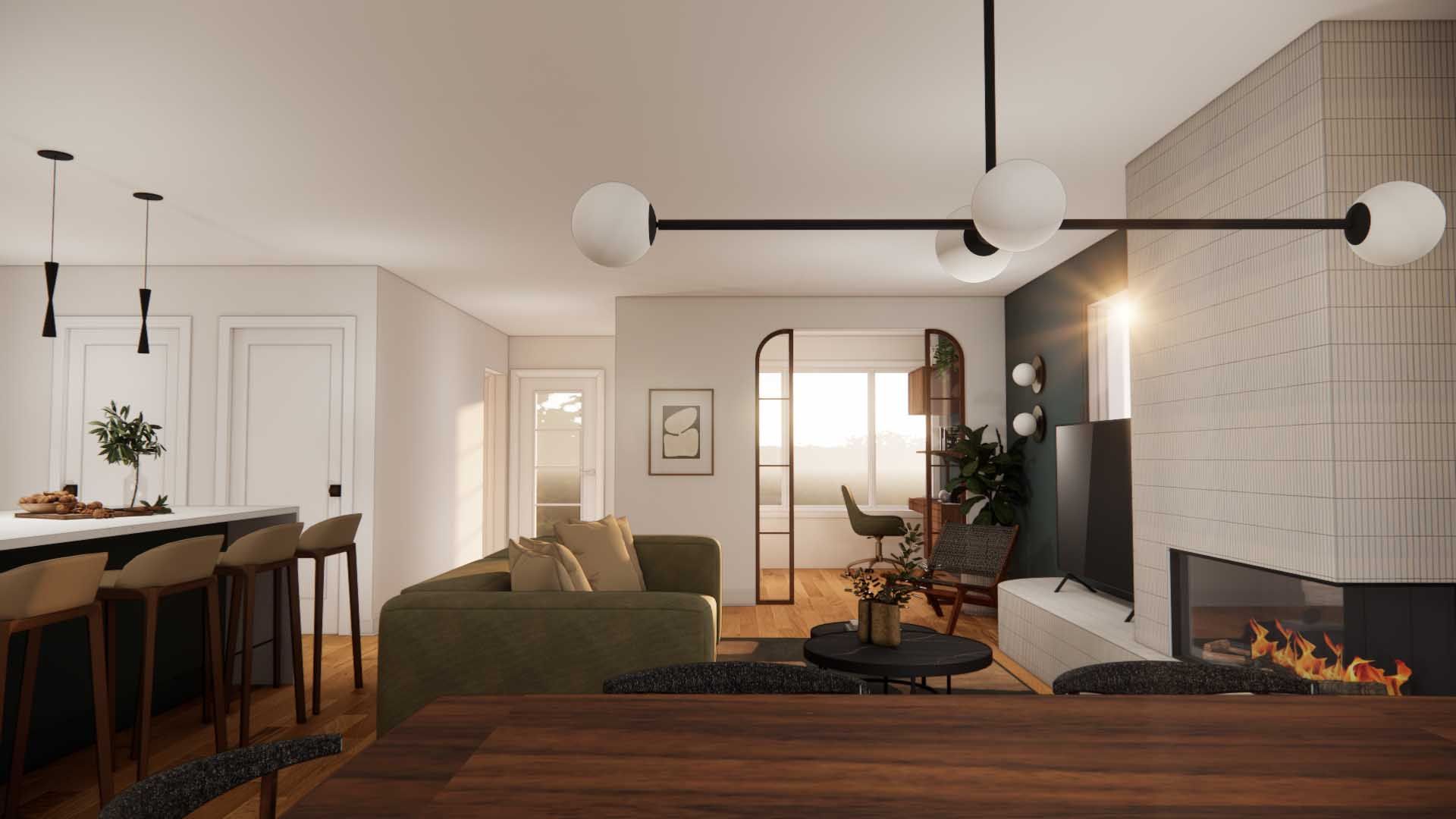 A living room with a couch , table , chairs and a fireplace.