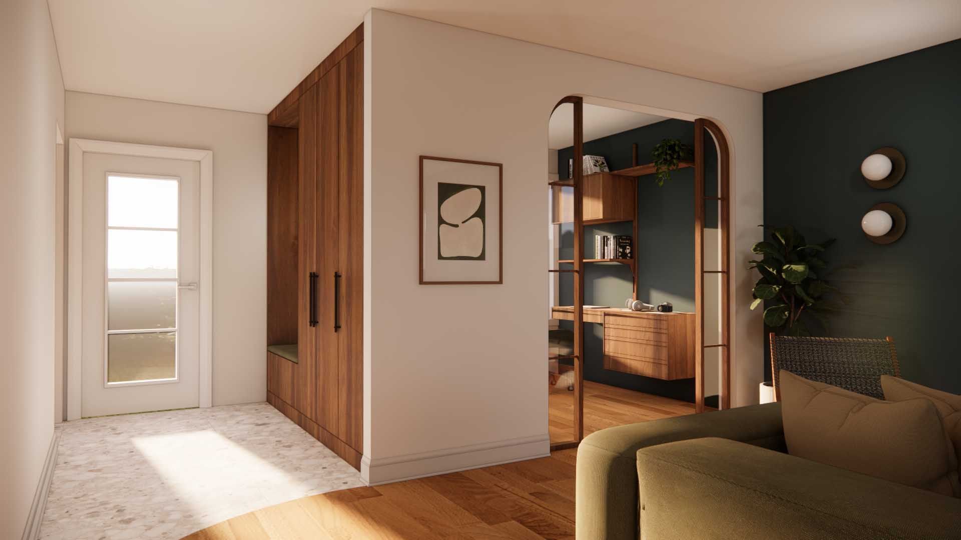 An artist 's impression of a living room with a couch and a desk.