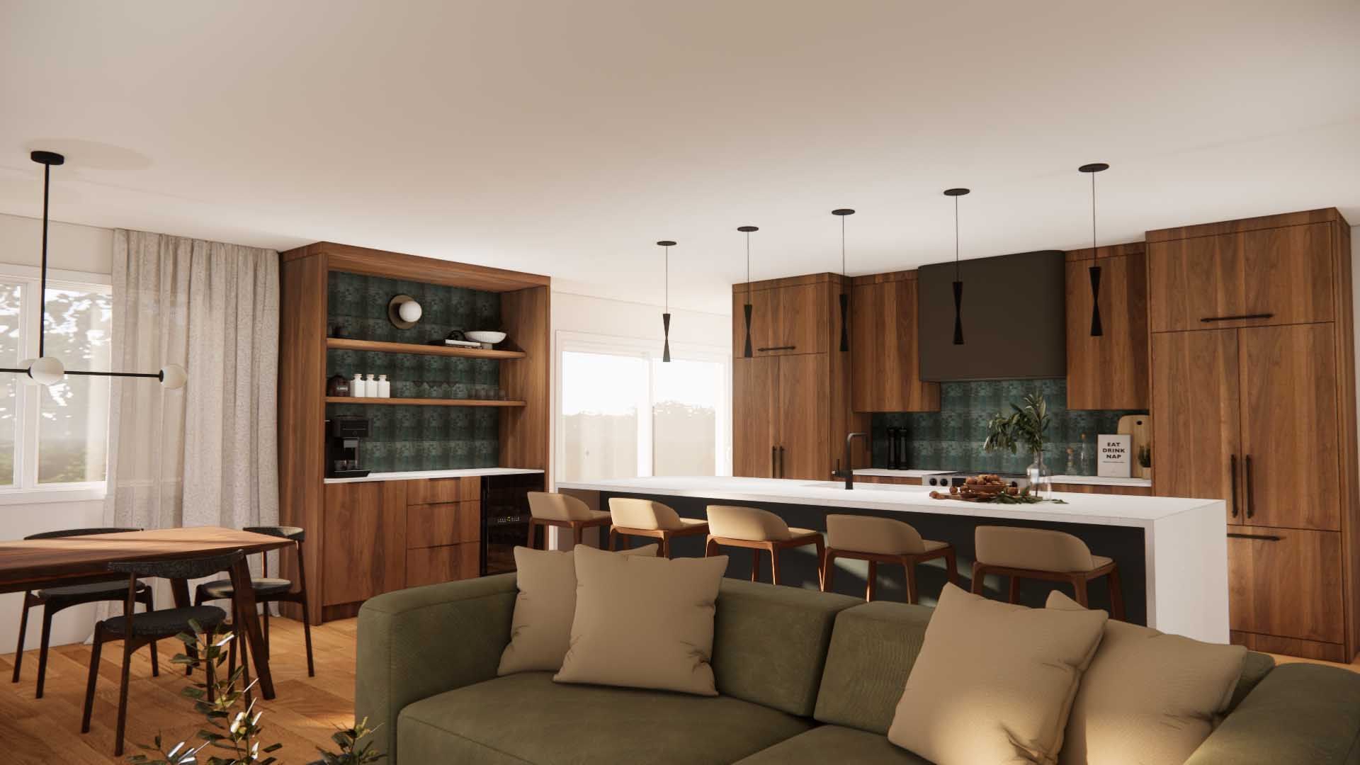 A living room with a couch , table , chairs and a kitchen.
