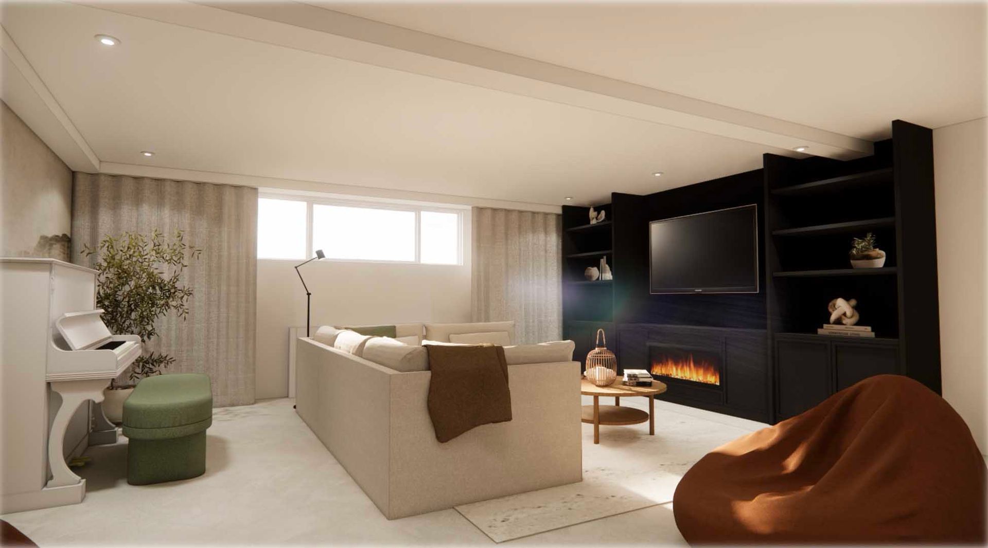 A living room with a fireplace and a large couch