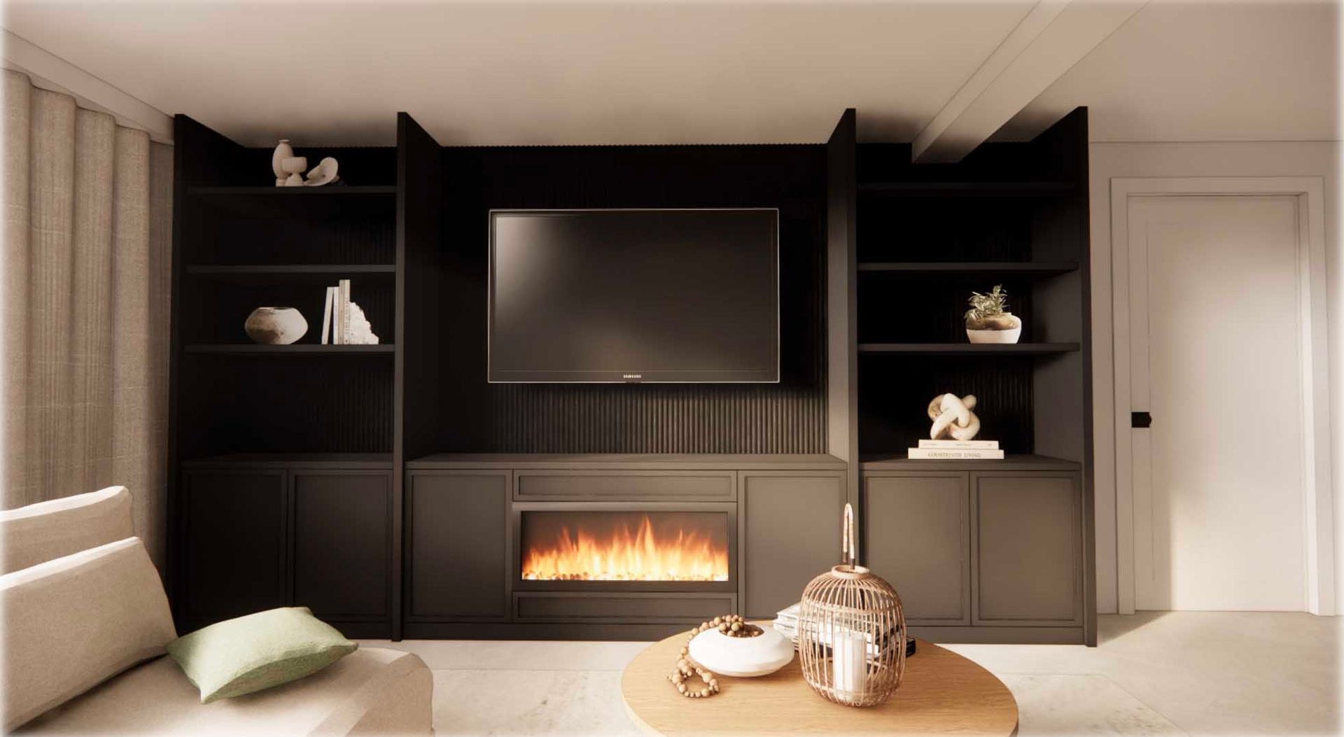 A living room with a fireplace and a flat screen tv