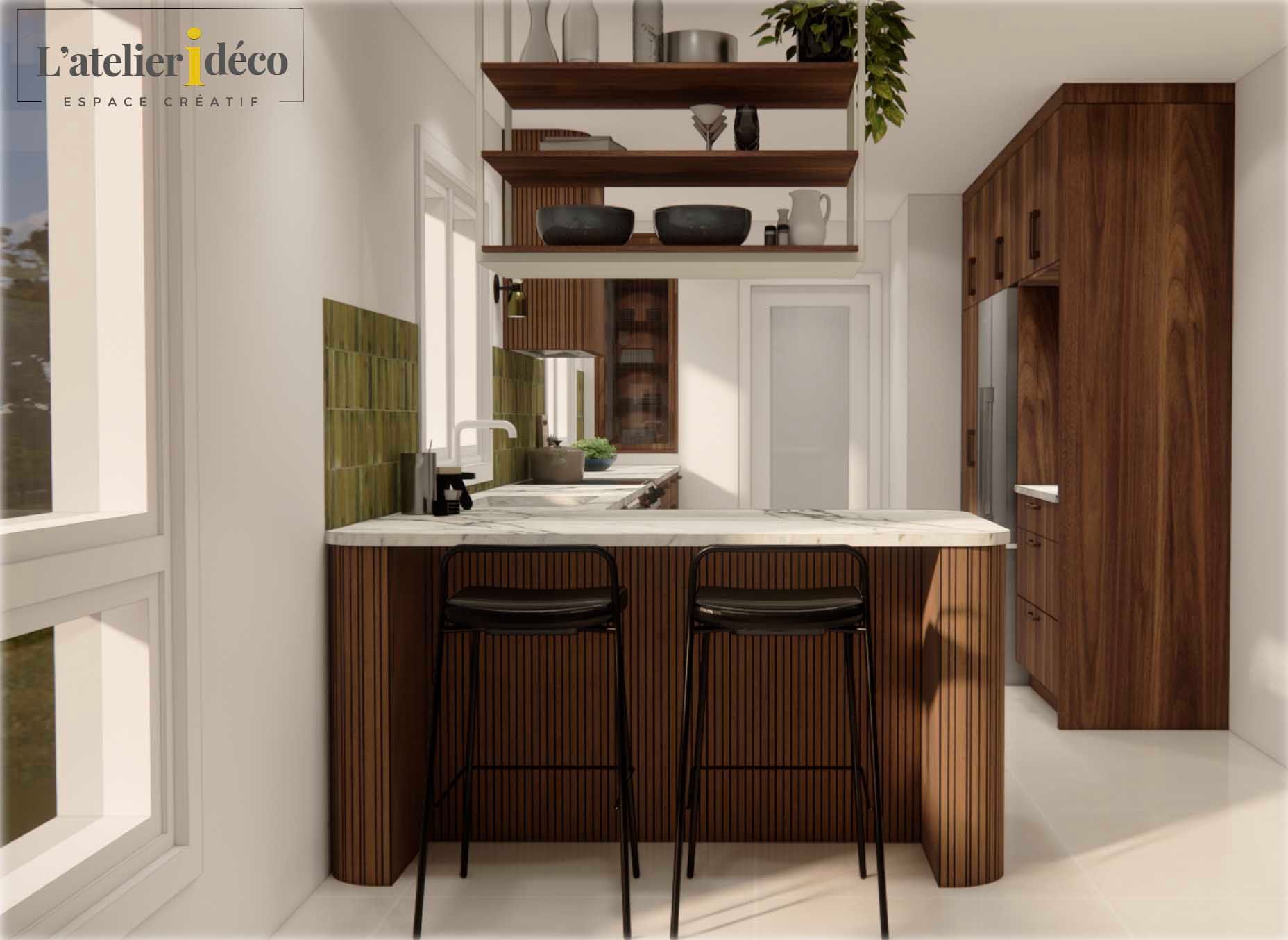 A kitchen with wooden cabinets and stools and a marble counter top.