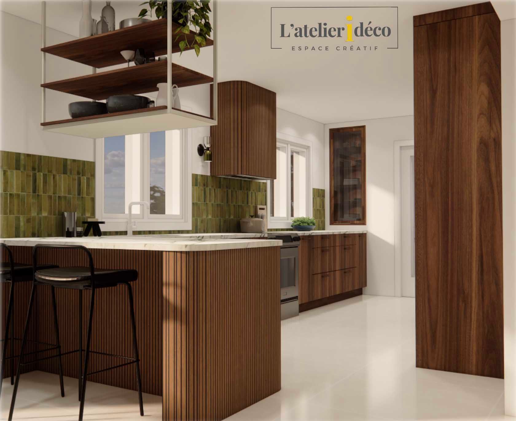 An artist 's impression of a kitchen with wooden cabinets and stools.