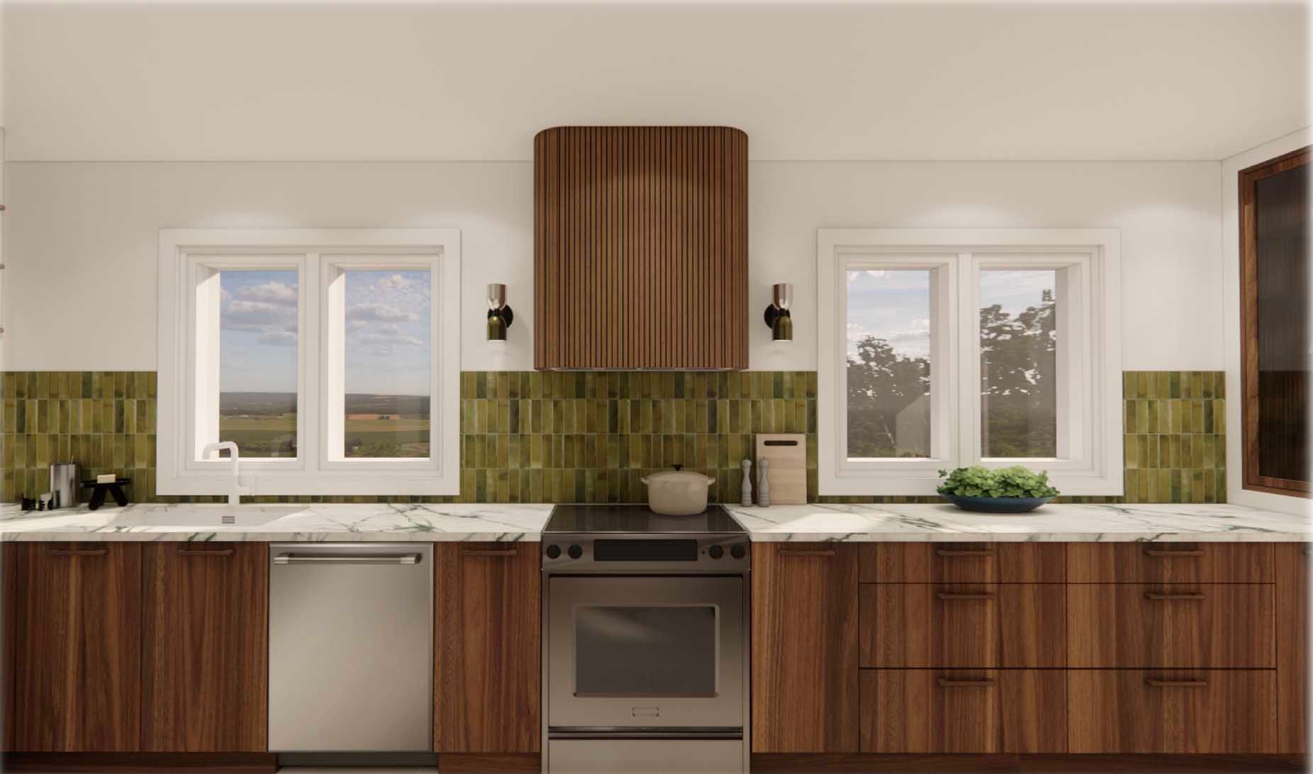 A kitchen with wooden cabinets , a stove , a dishwasher , and a sink.