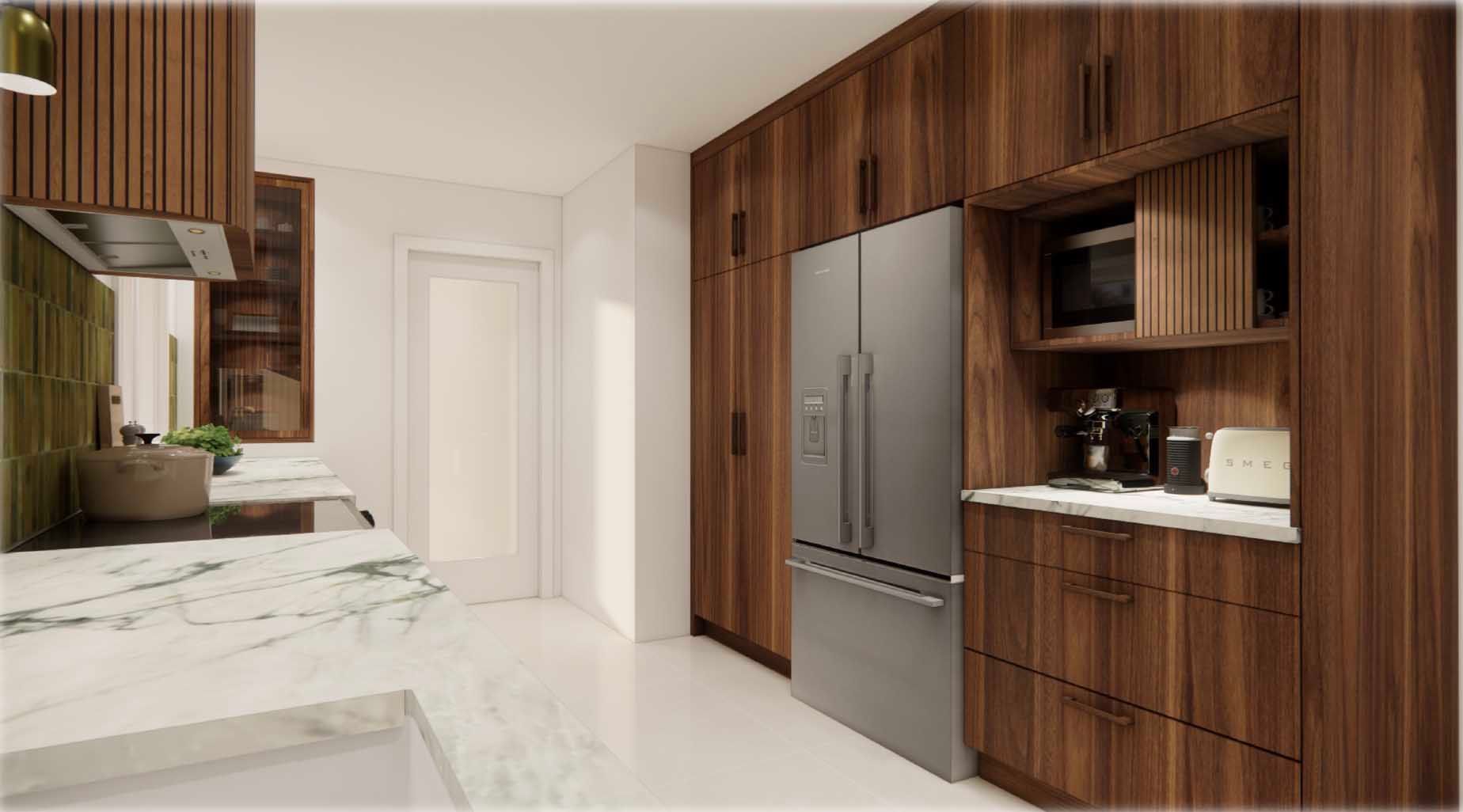 A kitchen with stainless steel appliances and wooden cabinets.