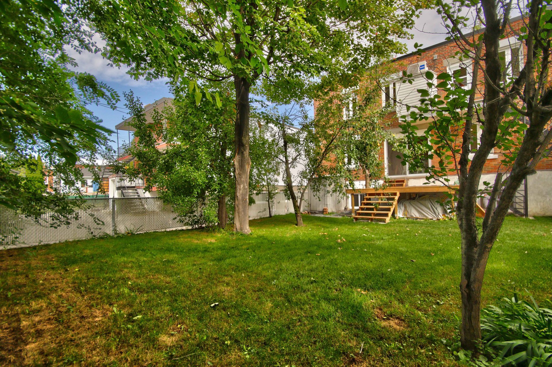 A large lush green yard with trees and a house in the background.