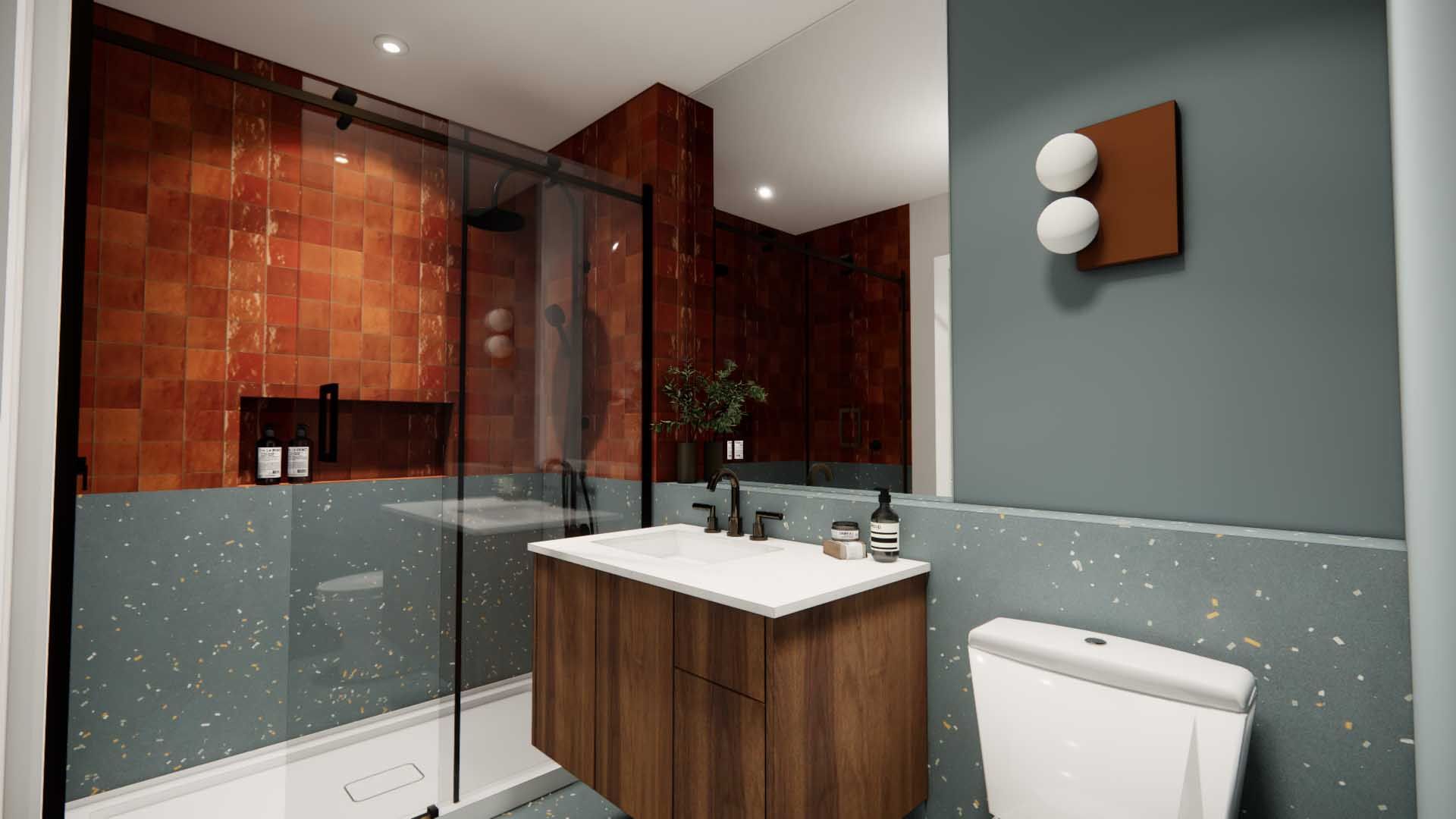 A bathroom with a sink , toilet , shower and mirror.