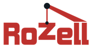 A red and black logo for rozell with a crane