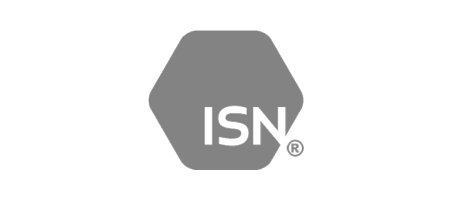 A black and white logo for isn on a white background.