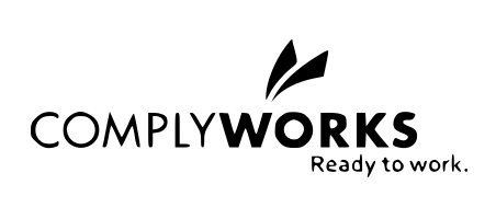 A black and white logo for complyworks ready to work.