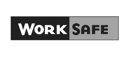 A black and white logo for work safe on a white background.