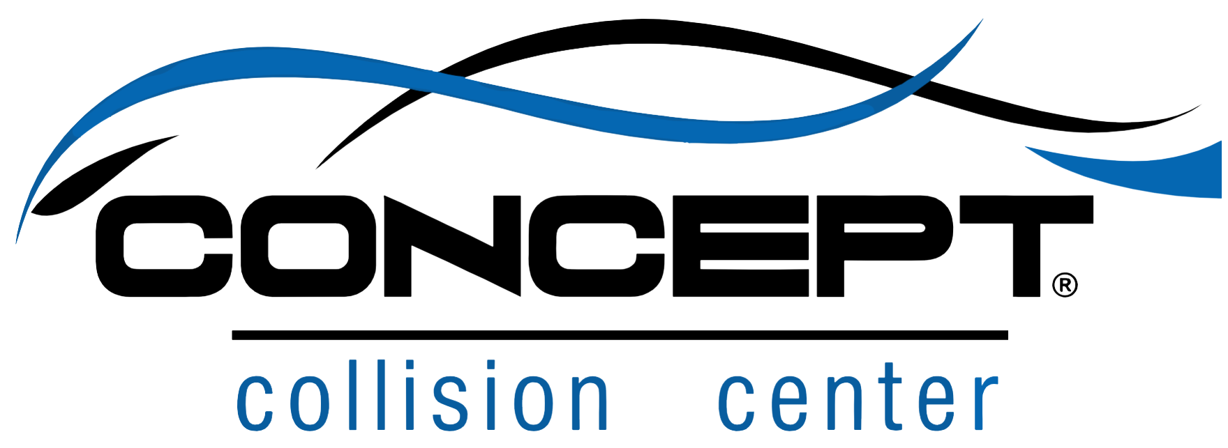 Concept Collision Center logo with blue and black curved lines above the word 