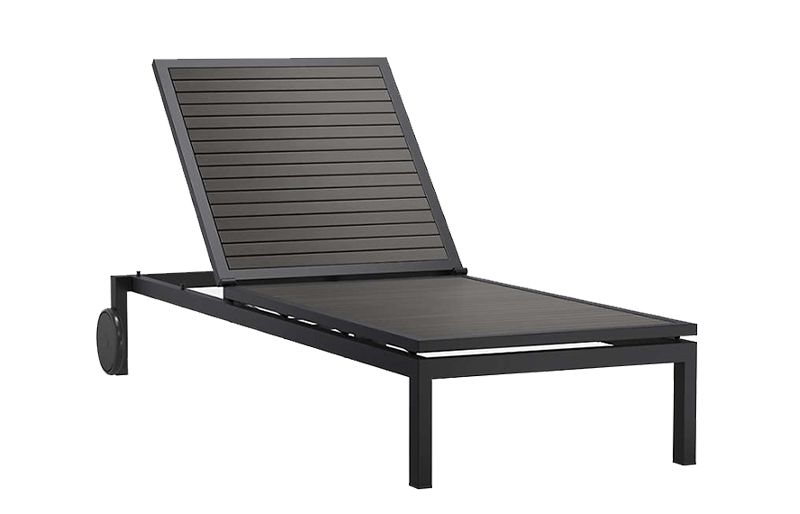 A black lounge chair with wheels on a white background.