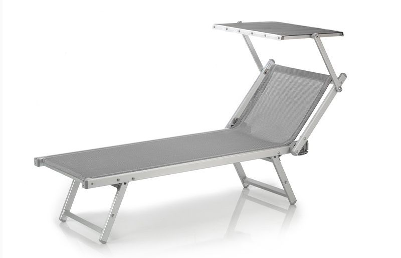 A grey lounge chair with a canopy on top of it