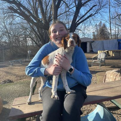 Person in a blue jacket holding a small goat outdoors on a sunny day