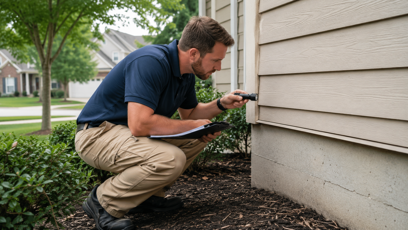 Home inspector checking a home's exterior for termites