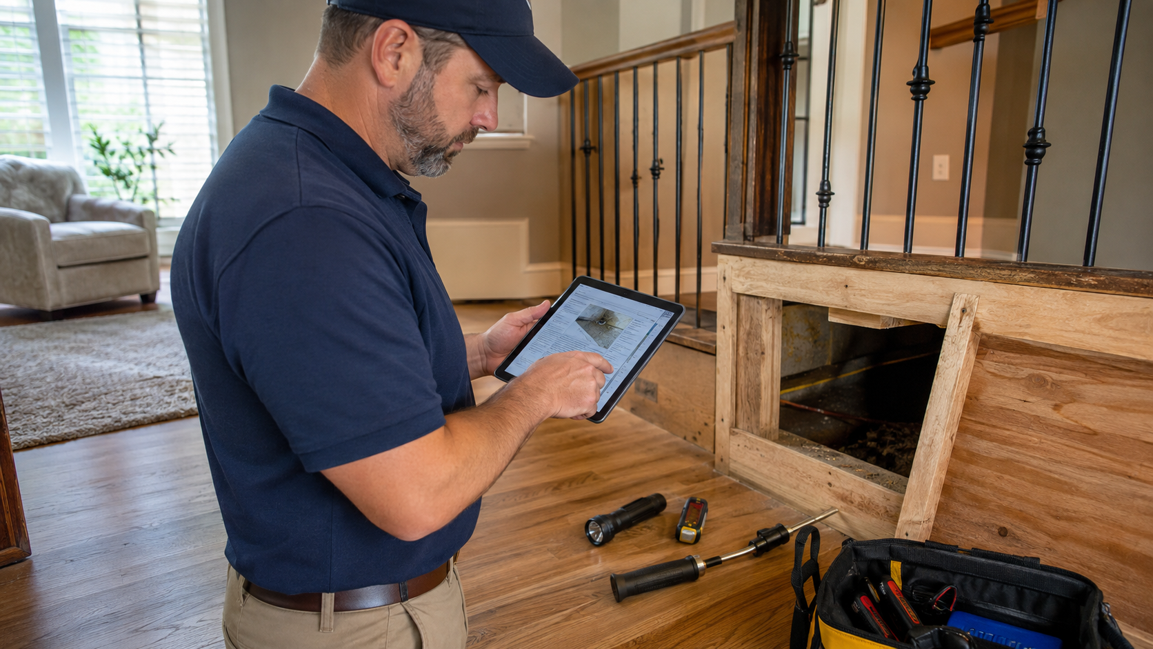 Inspector reviewing termite inspection notes on a tablet