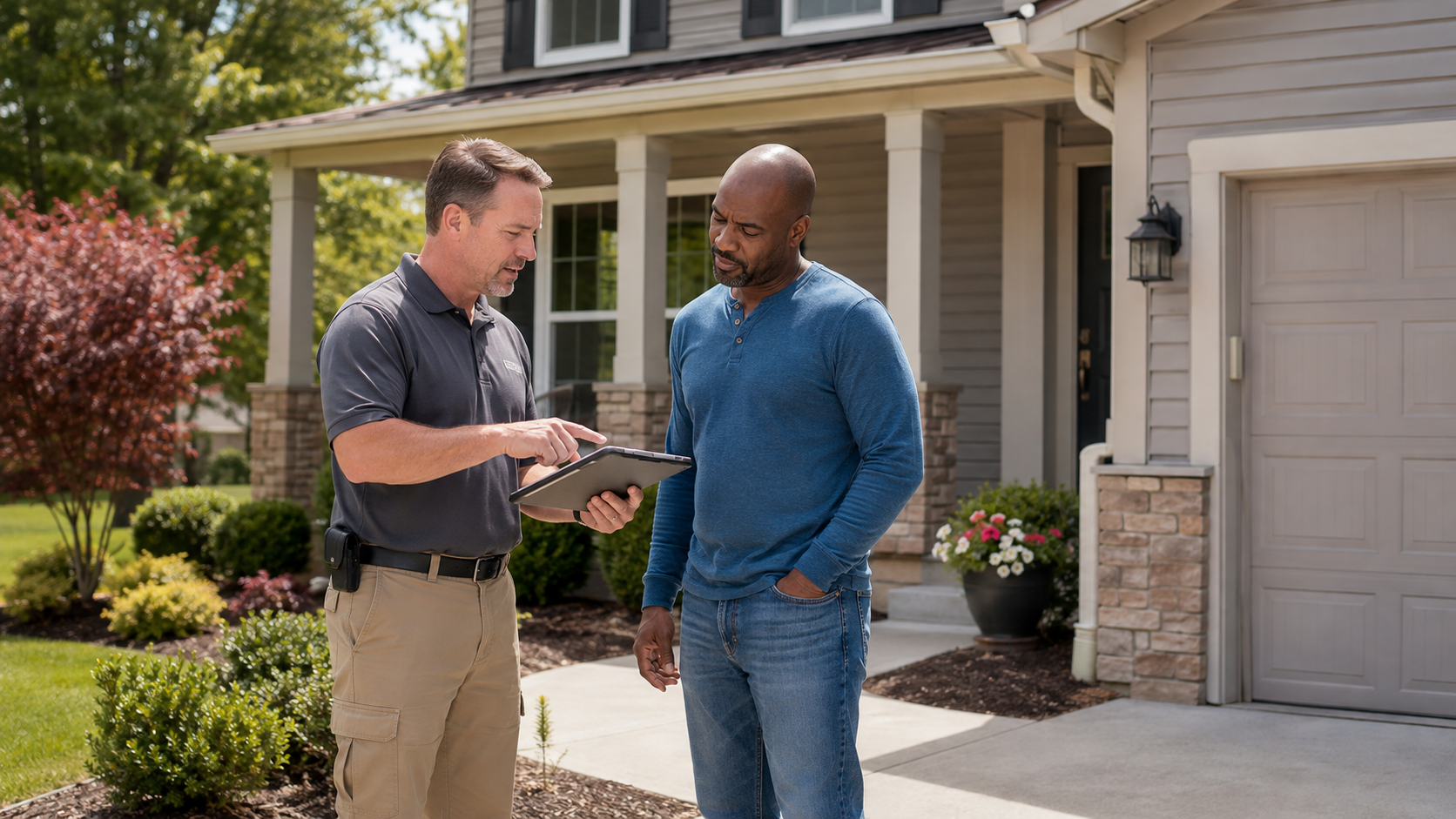 Inspector explaining termite inspection results to homeowner