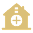 Gold house icon with a white plus sign in the center. Two horizontal lines are above the plus sign.