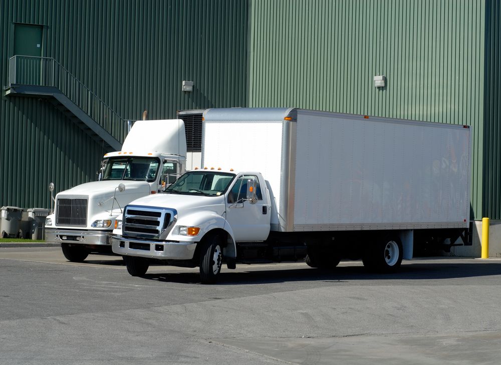 White Semi-truck and Box Truck Parked Next to a Green Building With Stairs — Hines Logistic Pty Ltd In Kundabung, NSW
