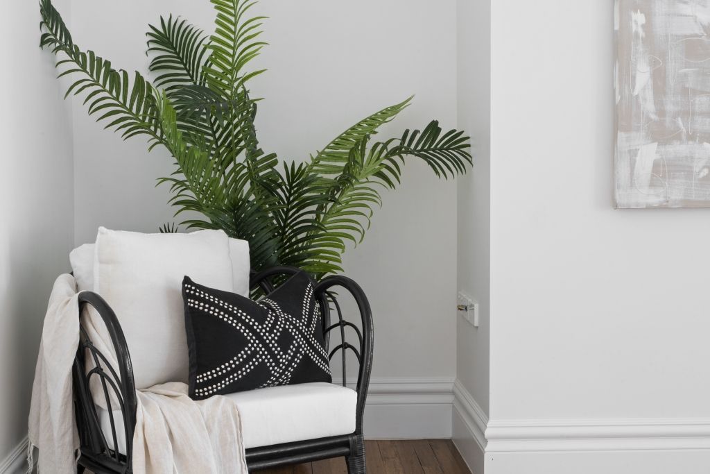 A chair with a white cushion and a black pillow is in a corner of a room next to a plant.