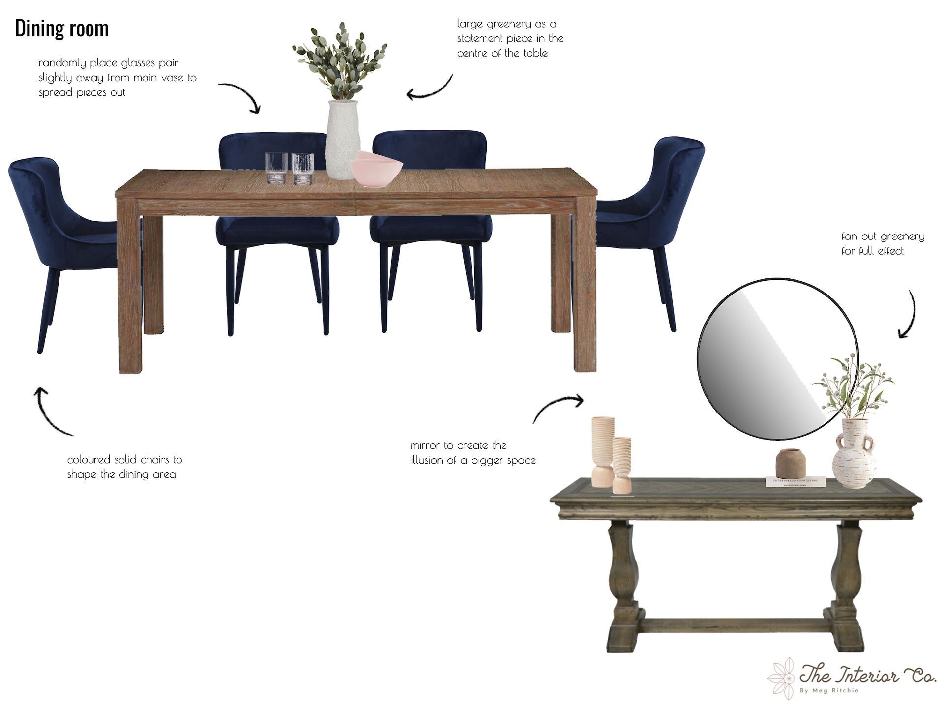 A dining room with a table and chairs and a mirror.