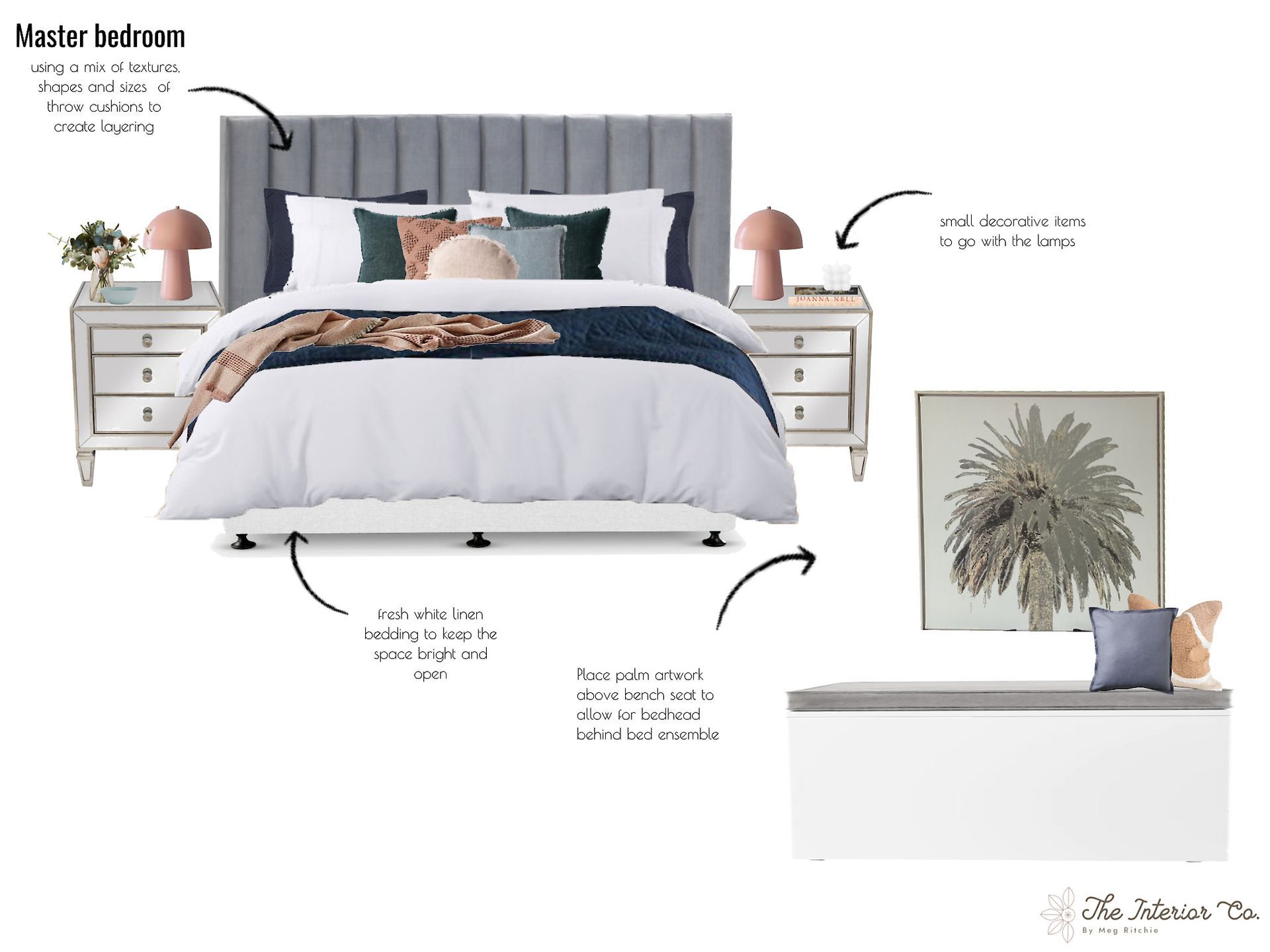 A bedroom with a bed , nightstands , and a picture of a plant.