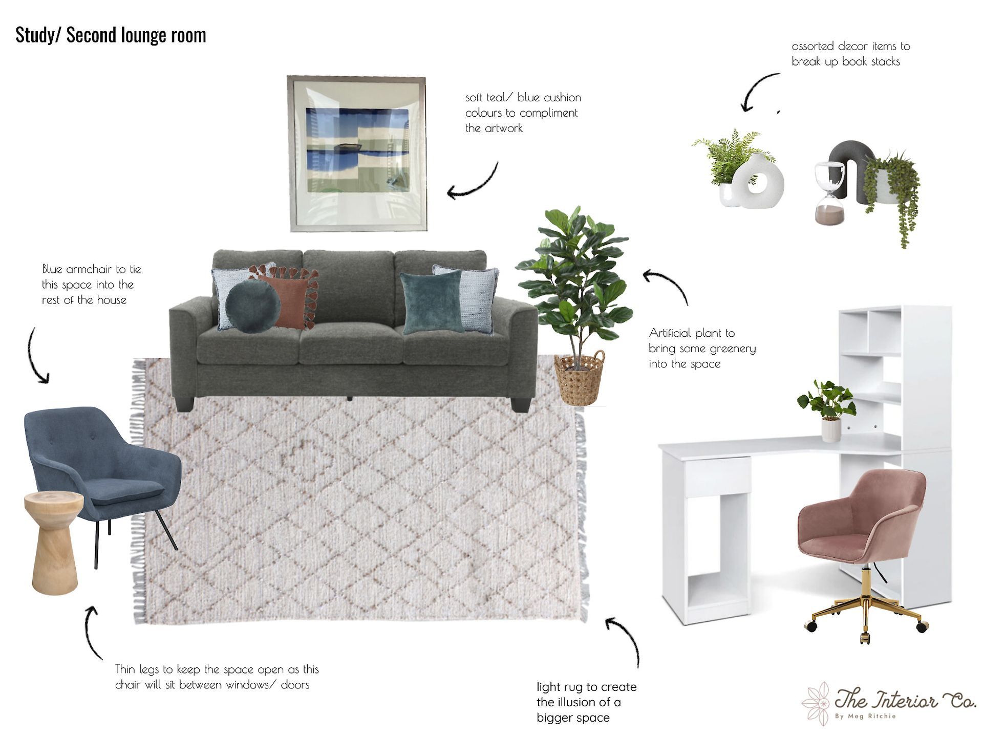 A living room with a couch , chair , desk and rug.