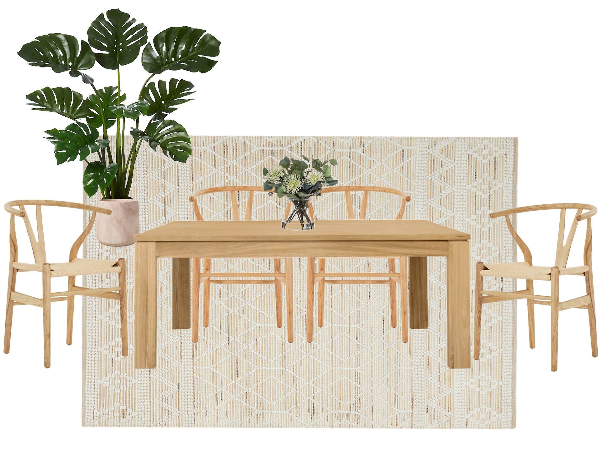 A dining room table and chairs with a plant in the background.