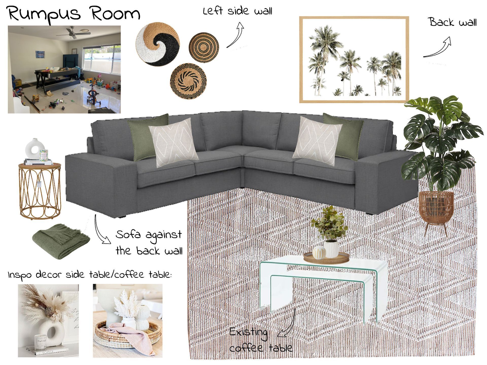 A living room with a gray sectional couch and a rug.