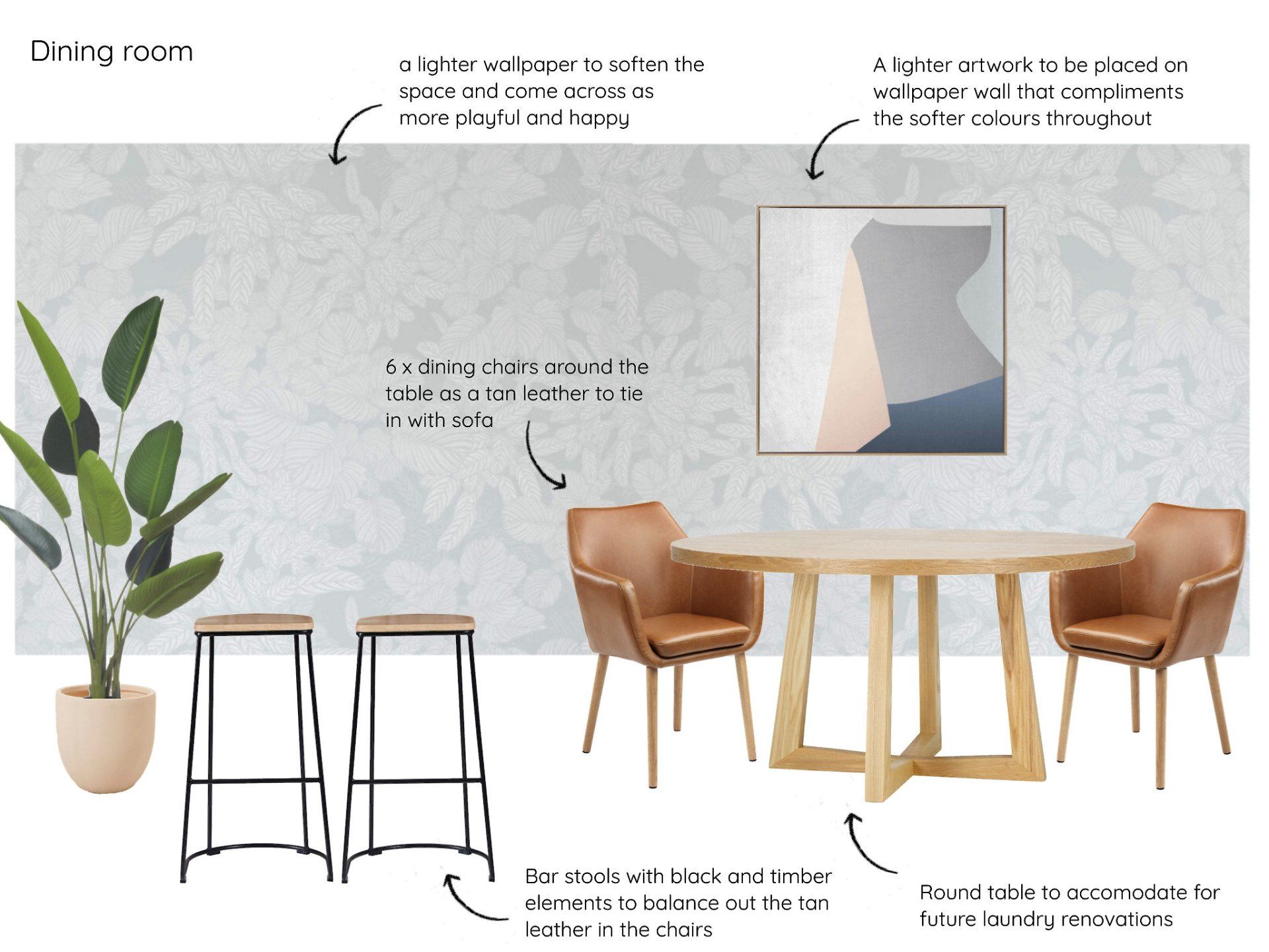 A dining room with a table , chairs , stools and a plant.