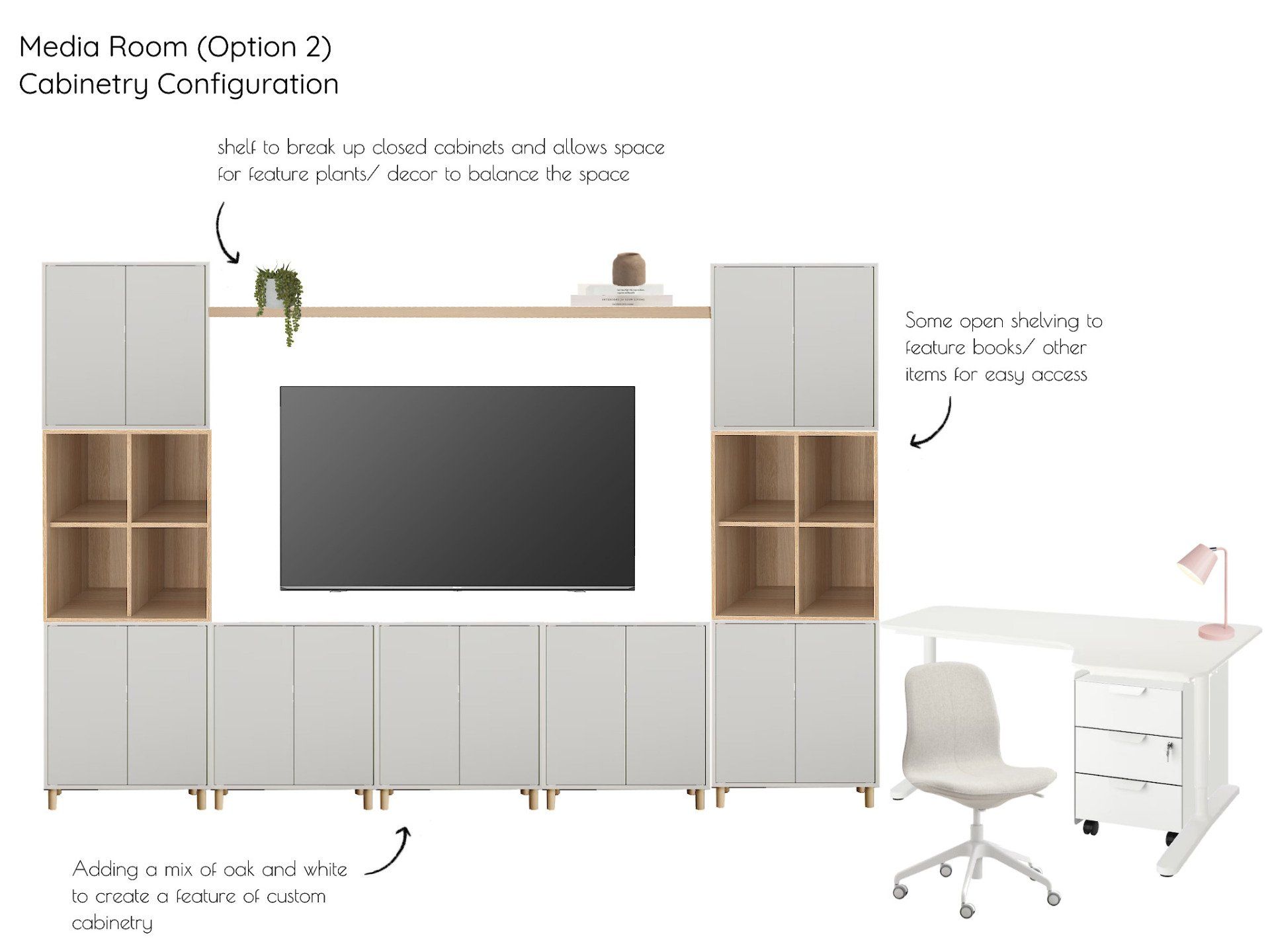 A drawing of a media room with a desk and chair.