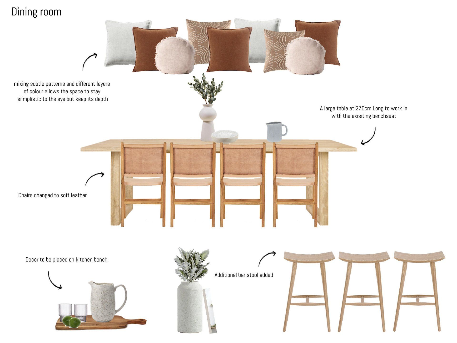 A dining room with a table , chairs , stools and pillows.