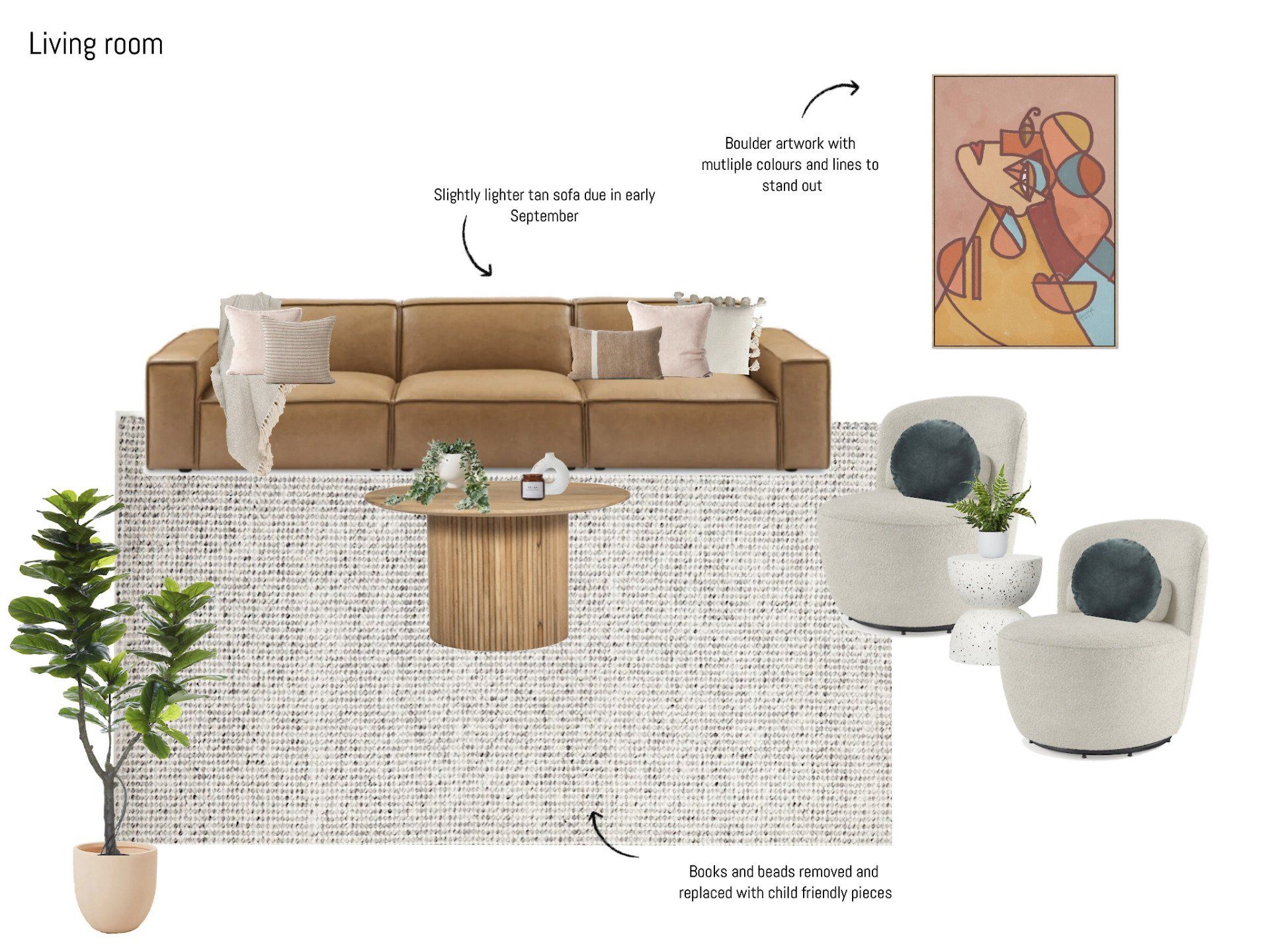 A living room with a brown couch and white chairs