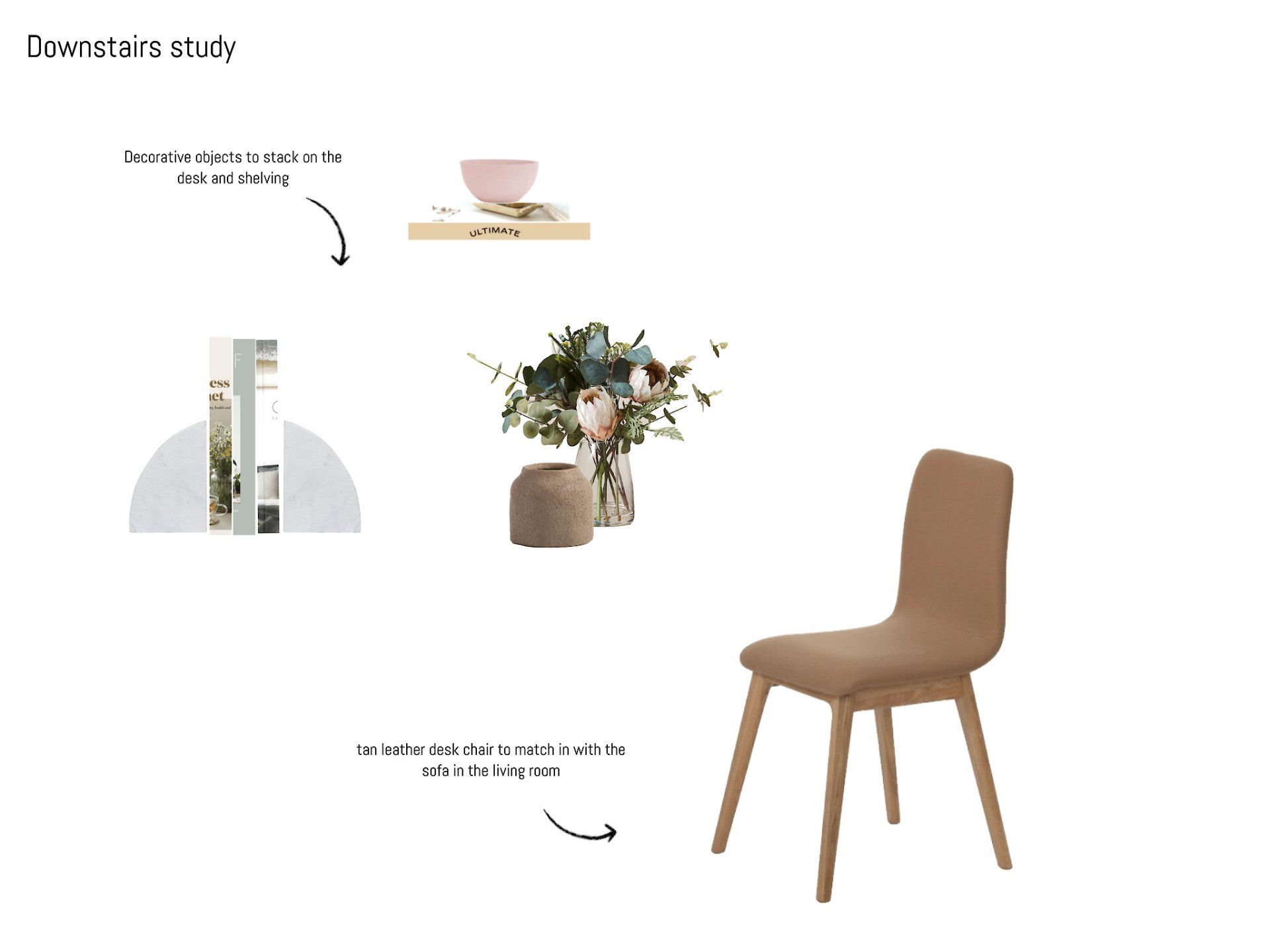 A picture of a chair , a vase of flowers , a book , and a shelf.