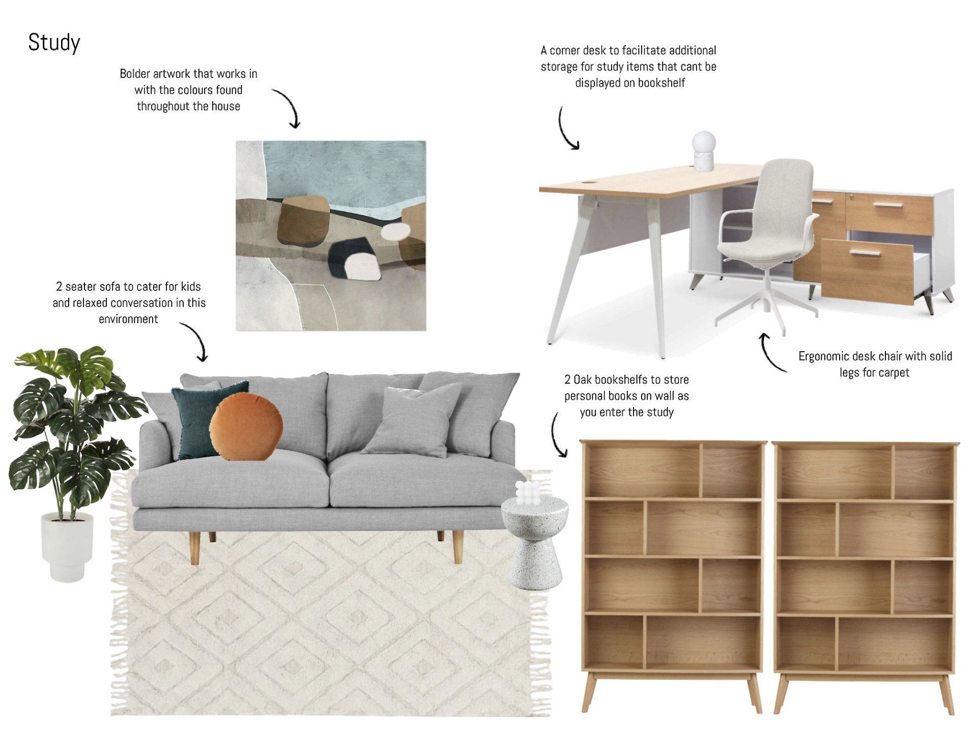 A living room with a couch , desk , bookshelf and rug.