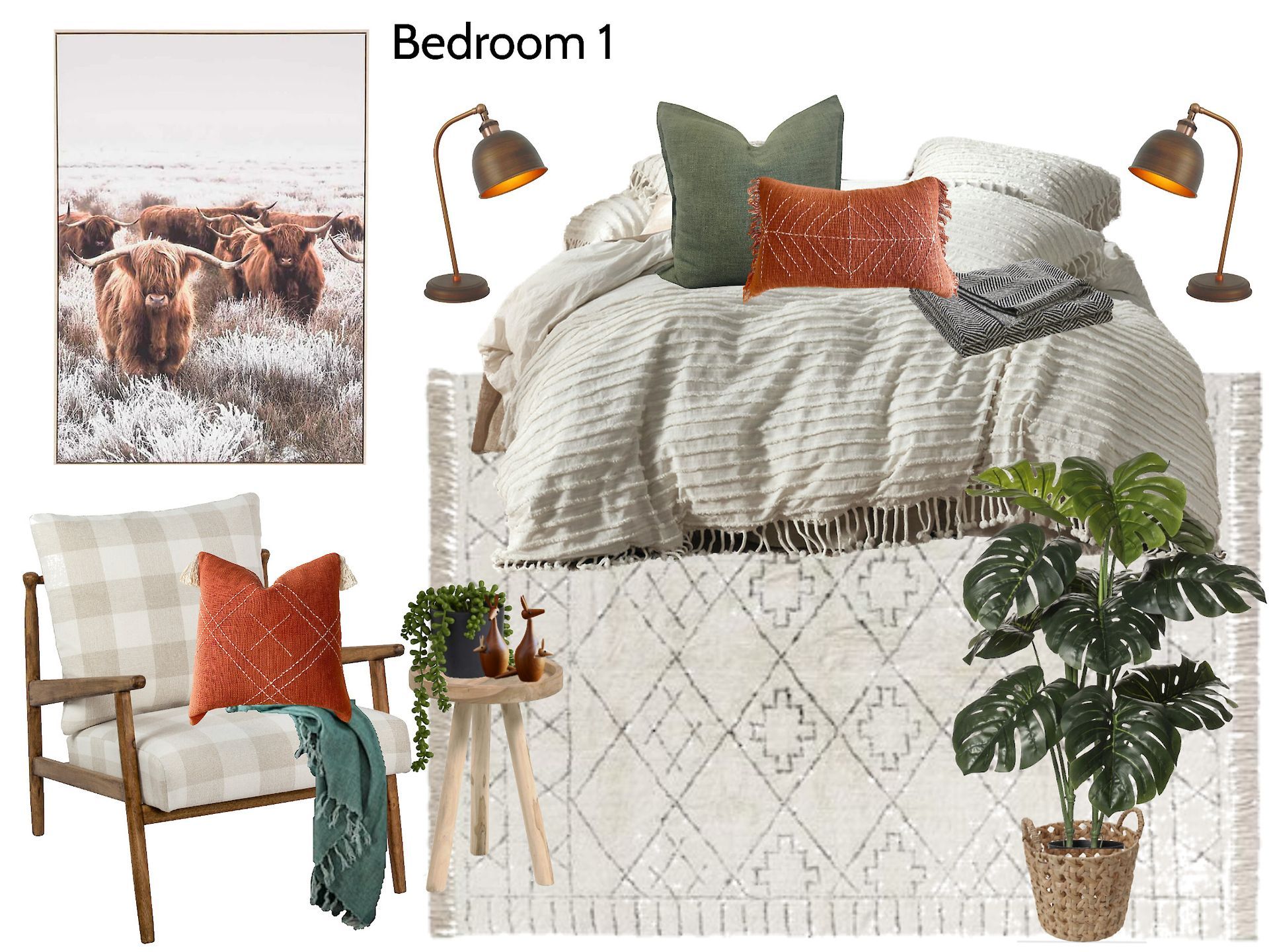 A bedroom with a bed , chair , lamps and a plant.