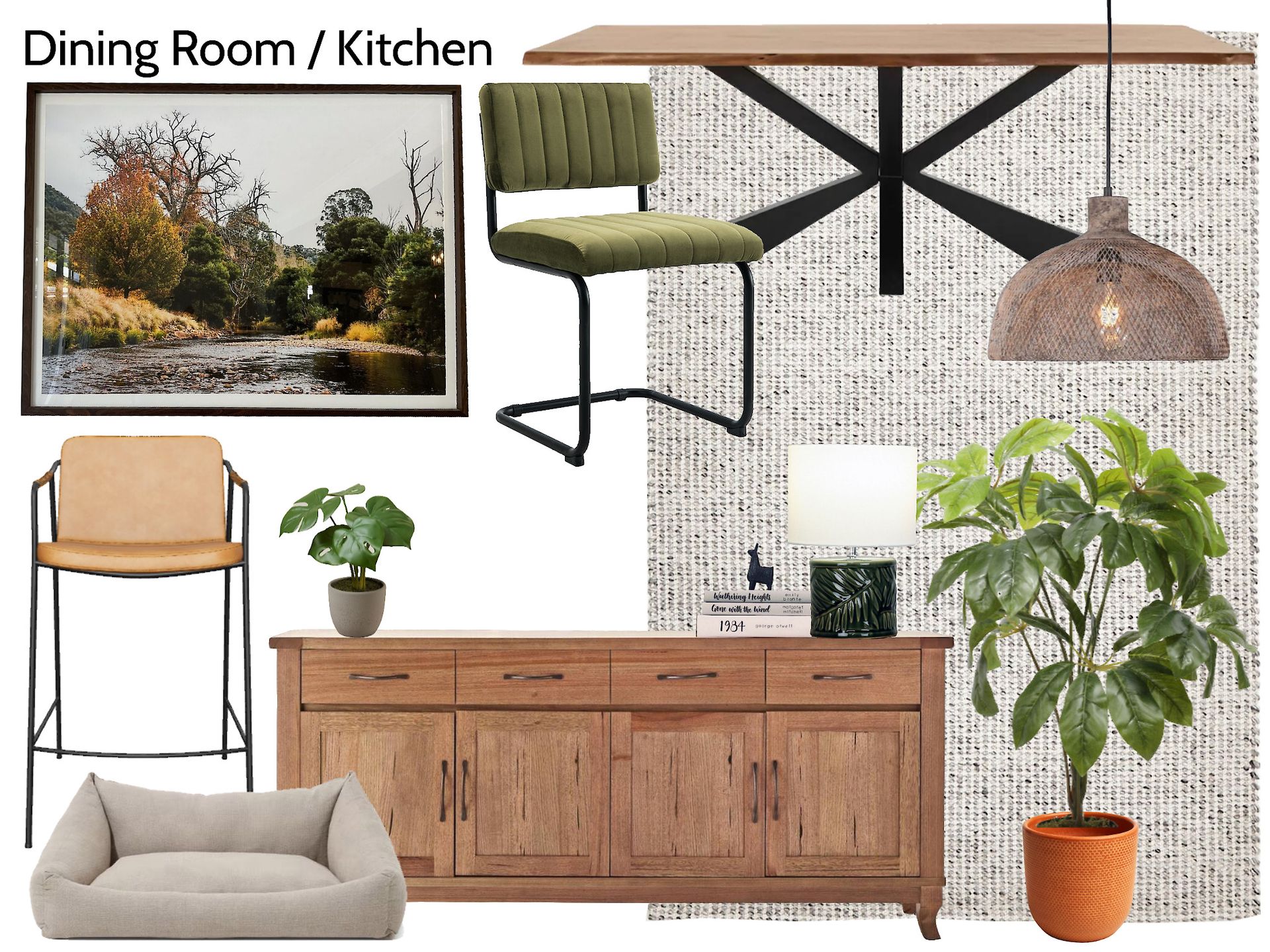 A dining room / kitchen with a picture of a river on the wall