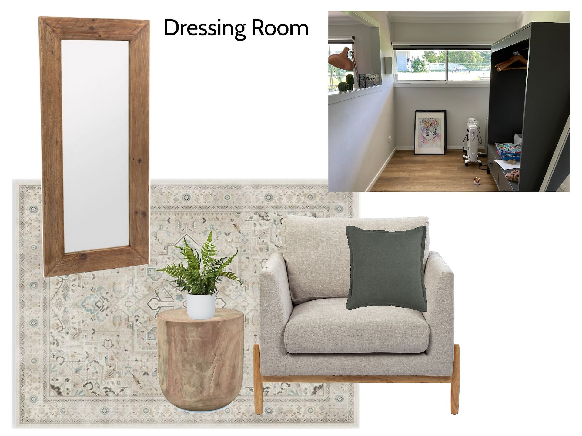 A dressing room with a chair and a mirror