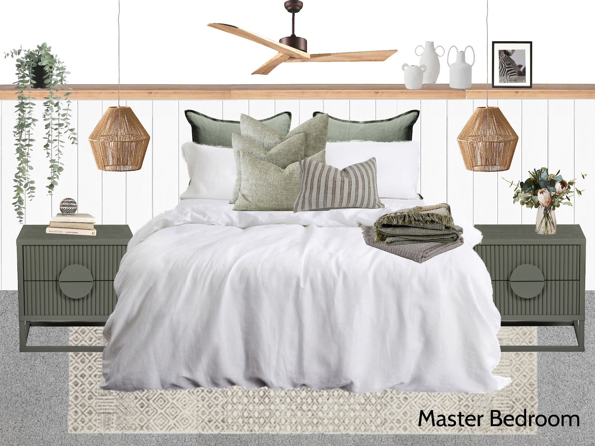 A bedroom with a bed , nightstands , and a ceiling fan.